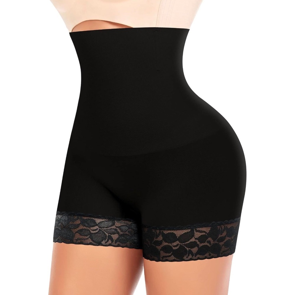 Werena Tummy Control Shapewear Shorts Seamless High Waist Lace Trim Black L